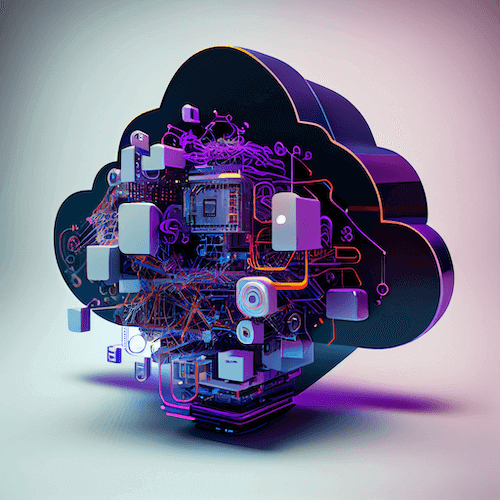 illustration de la virtualisation : un nuage en métal violet fait de systèmes mécaniques en 3D